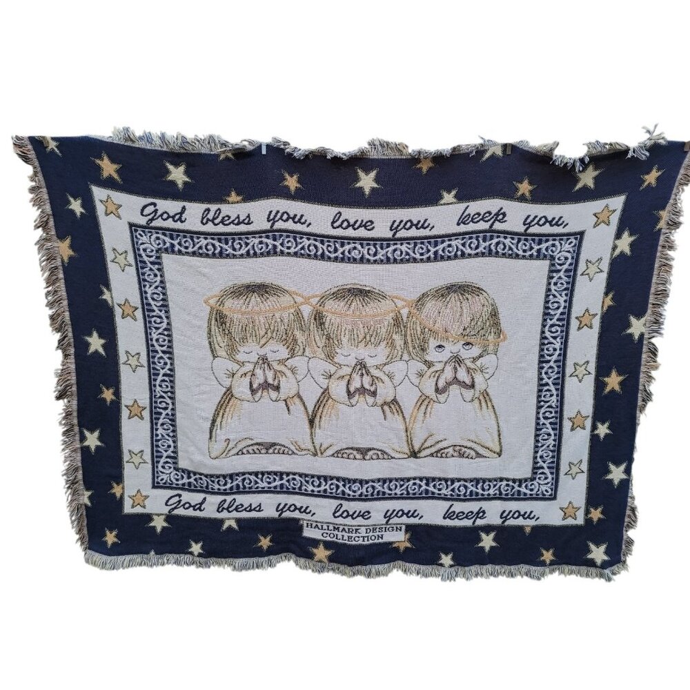 Vintage Goodwin Weavers Fringed Hallmark Cherub Angel Tapestry Throw Blanket USA